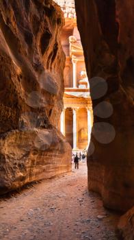 Travel to Middle East country Kingdom of Jordan - view of al-Khazneh temple from Al Siq in Petra town in winter