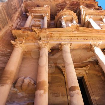 Travel to Middle East country Kingdom of Jordan - facade The Treasury (al-khazneh) temple in Petra town