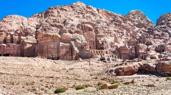 Travel to Middle East country Kingdom of Jordan - view of Royal Tombs in ancient Petra city in winter