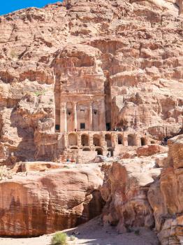 Travel to Middle East country Kingdom of Jordan - front view of Royal Urn Tomb in ancient Petra city in winter