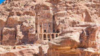 Travel to Middle East country Kingdom of Jordan - view of Royal Urn Tomb in ancient Petra city in winter