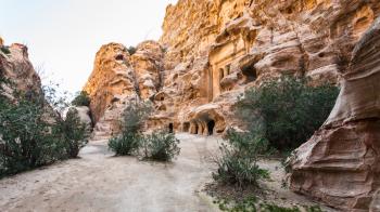 Travel to Middle East country Kingdom of Jordan - view of ancient street in Little Petra town (Siq al-Barid station) in winter