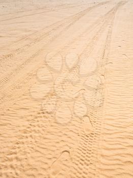 Travel to Middle East country Kingdom of Jordan - Tire imprint on the sand of dune in Wadi Rum desert in sunny winter day
