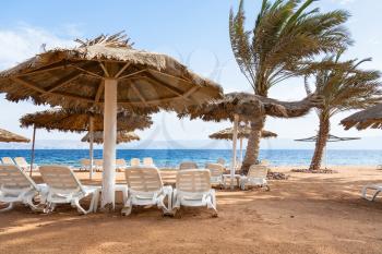 Travel to Middle East country Kingdom of Jordan - empty Coral beach of Red Sea in Aqaba city in windy winter day