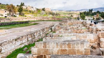 JERASH, JORDAN - FEBRUARY 18, 2012: arena of circus hippodrome in Gerasa city. Greco-Roman town Gerasa (Antioch on the Golden River) was founded by Alexander the Great or his general Perdiccas