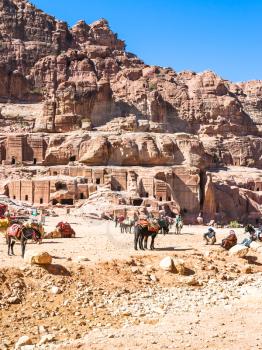 PETRA, JORDAN - FEBRUARY 21, 2012: bedouin camp in ancient Petra town. Rock-cut town Petra was established about 312 BC as the capital city of the Arab Nabataean