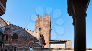 travel to Italy - view of abbey tower rom Basilica di San Zeno (San Zeno Maggiore, San Zenone) in Verona city in spring