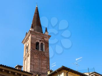 travel to Italy - view of tower of chiesa di San Tomaso Becket (chiesa di San Tomaso Cantuariense) in Verona city in spring