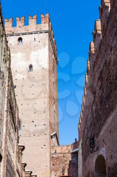 travel to Italy - tower and inner walls of Castelvecchio (Scaliger) Castel in Verona city in spring