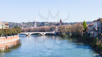 travel to Italy - view of Ponte della vittoria of Adige river in Verona city in spring