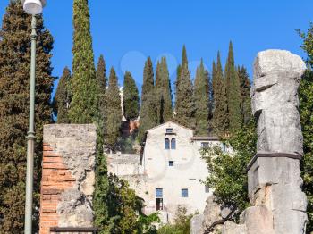 travel to Italy - ruins and building of Museum of Archaeology in Roman Theatre in Verona city in spring