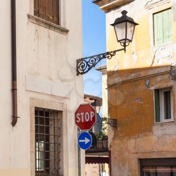travel to Italy - medieval houses on street Contra Giacomo Zanella in Vicenza city in spring.