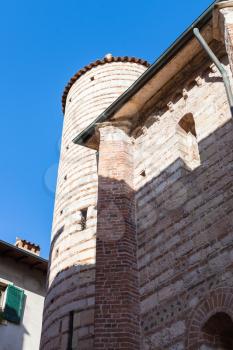 travel to Italy - view of wall and tower of Chiesa di San Lorenzo (Santo Lorenzo Church) in Verona city in spring