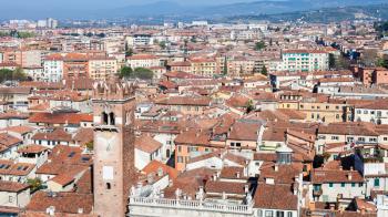 travel to Italy - above view of Verona city with torre del gardello from tower Torre dei Lamberti in spring