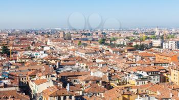 travel to Italy - above view of Verona city with Castelvecchio Castle from tower Torre dei Lamberti in spring