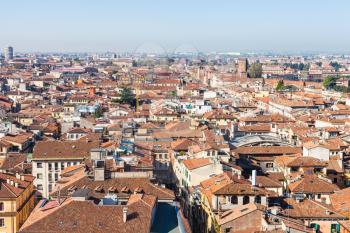 travel to Italy - above view of Verona city with Scaliger castle from tower Torre dei Lamberti in spring