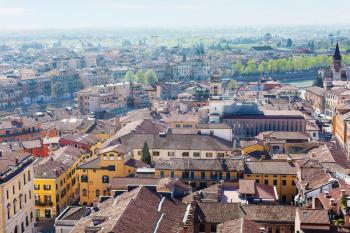 travel to Italy - above view of Verona town with Adige River from tower Torre dei Lamberti in spring