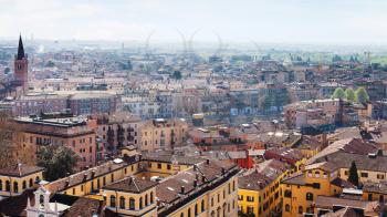 travel to Italy - above view of Verona town with lungadige street from tower Torre dei Lamberti in spring