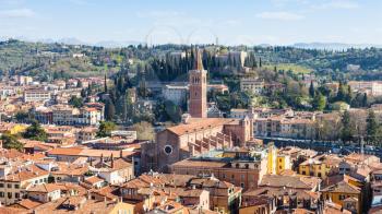travel to Italy - above view of Verona city with Santa Anastasia Church from tower Torre dei Lamberti in spring