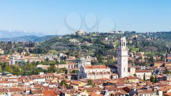travel to Italy - above view of Verona city with Duomo Cathedral from tower Torre dei Lamberti in spring