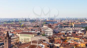 travel to Italy - above view of Verona town with roman amphitheater from tower Torre dei Lamberti in spring