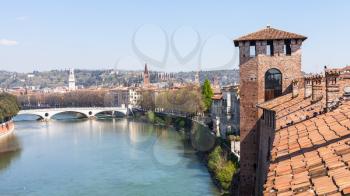 travel to Italy - view of Verona city with castelvecchio castle and Adige river in spring