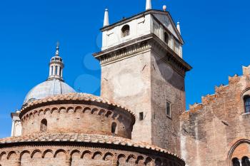 travel to Italy - Rotonda di san lorenzo, dome of of Basilica of Sant'Andrea and torre dell'orologio (clock Tower) of palazzo della ragione in Mantua city in spring