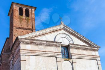 travel to Italy - facade of Chiesa di San Sebastiano with Tower on Via Giovanni Acerbi in Mantua city in spring