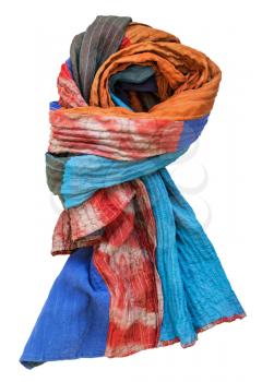 knotted stitched patchwork scarf from batik and painted silk fabric pieces isolated on white background