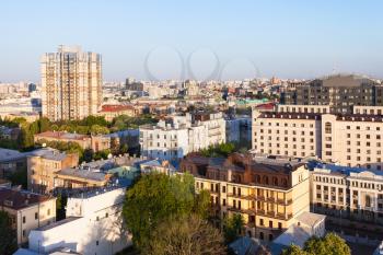 travel to Ukraine - above view of residential buildings in Kiev city in spring dawning