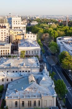 travel to Ukraine - above view of mykhailo hrushevsky street near Verkhovna Rada building in Kiev city in spring dawning