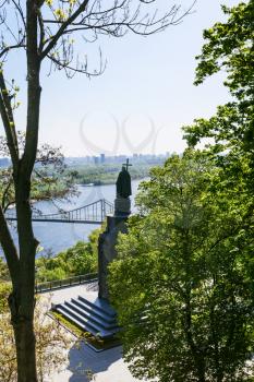 travel to Ukraine - view of Saint Vladimir Monument in Kiev city in public urban park Volodymyrska Hill (Saint Volodymyr Hill, Volodymyrska hirka, Vladimirskaya gorka) in spring