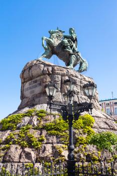 travel to Ukraine - statue of Bohdan Khmelnytsky on Sophia Square in Kiev city in spring