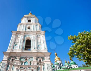 travel to Ukraine - facade of belltower of Saint Sophia Cathedral in Kiev city in spring