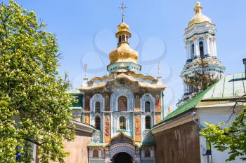 travel to Ukraine - entrance in Kiev Pechersk Lavra, Gate Church of the Trinity in Kiev city in spring