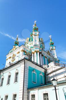 travel to Ukraine - building of St Andrew's Church in Kiev city under blue sky
