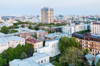 travel to Ukraine - view of residential district in Kiev city in spring sunrise