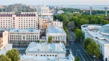 travel to Ukraine - view of mykhailo hrushevsky street near Verkhovna Rada building in Kiev city in spring sunrise