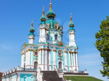 travel to Ukraine - view of Saint Andrew's Church in Kiev city and blue sky