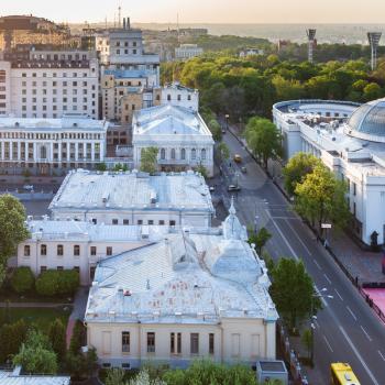 travel to Ukraine - view of Hrushevsky Street near Verkhovna Rada building in Kiev city in spring evening