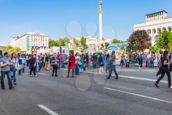 KIEV, UKRAINE - MAY 6, 2017: people on Khreshchatyk street near Maidan Nezalezhnosti during holidays Victory Day over Nazism in World War II and Day of Remembrance and Reconciliation in Kiev city