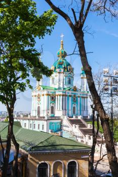 KIEV, UKRAINE - MAY 5, 2017: view of St Andrew's Church on Andriyivskyy Descent in Kiev city in spring. The church was constructed in 1747-1754 by architect Bartolomeo Rastrelli