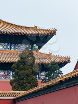 travel to China - dome of Hall for Worship of Ancestors in Imperial Ancestral Temple (Taimiao) in Beijing Imperial city in spring.