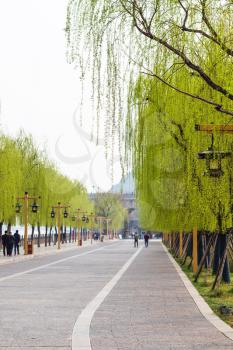 travel to China - people on Yidong road on embankment Yi river walk to Chinese Buddhist monument Longmen Grottoes (Dragon's Gate Grottoes, Longmen Caves) in spring