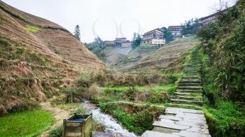 travel to China - way to Tiantouzhai village between terraced hills in area of Dazhai Longsheng Rice Terraces (Dragon's Backbone terrace, Longji Rice Terraces) in spring season