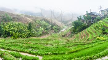 travel to China - view of terraced rice fields and Tiantouzhai village in area Dazhai Longsheng Rice Terraces (Dragon's Backbone terrace, Longji Rice Terraces) country in spring