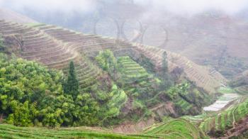 travel to China - view of terraced rice gardens over haze from Tiantouzhai village in area Dazhai Longsheng Rice Terraces (Dragon's Backbone terrace, Longji Rice Terraces) country in spring