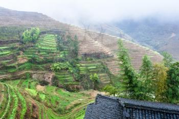travel to China - view from Tiantouzhai village terraced fields in area Dazhai Longsheng Rice Terraces (Dragon's Backbone terrace, Longji Rice Terraces) country in spring