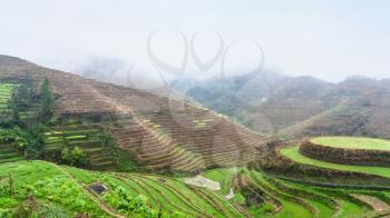 travel to China - above view of terraced rice grounds on hills from Tiantouzhai village in area Dazhai Longsheng Rice Terraces (Dragon's Backbone terrace, Longji Rice Terraces) country in spring