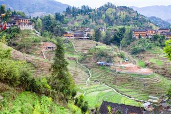 travel to China - above view of Dazhai village on terraced green hills in area Longsheng Rice Terraces (Longji Rice Terraces) in spring